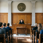 Зал суда во время заседания: вид с центрального прохода на судью в черной мантии, люди в деловых костюмах сидят на деревянных скамьях, классическая архитектура с колоннами